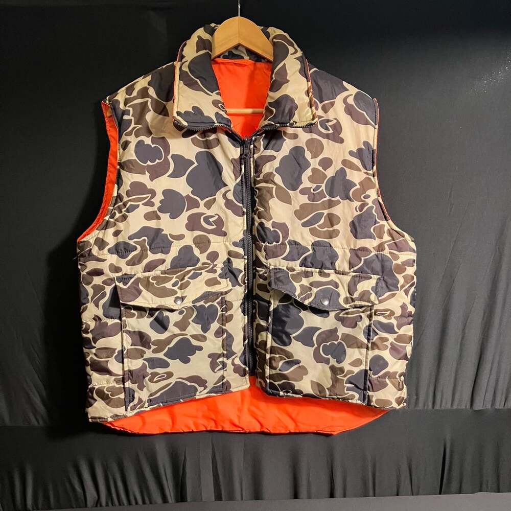Vintage Camouflage Hunting Vest Reversible Orange Nylon Size L